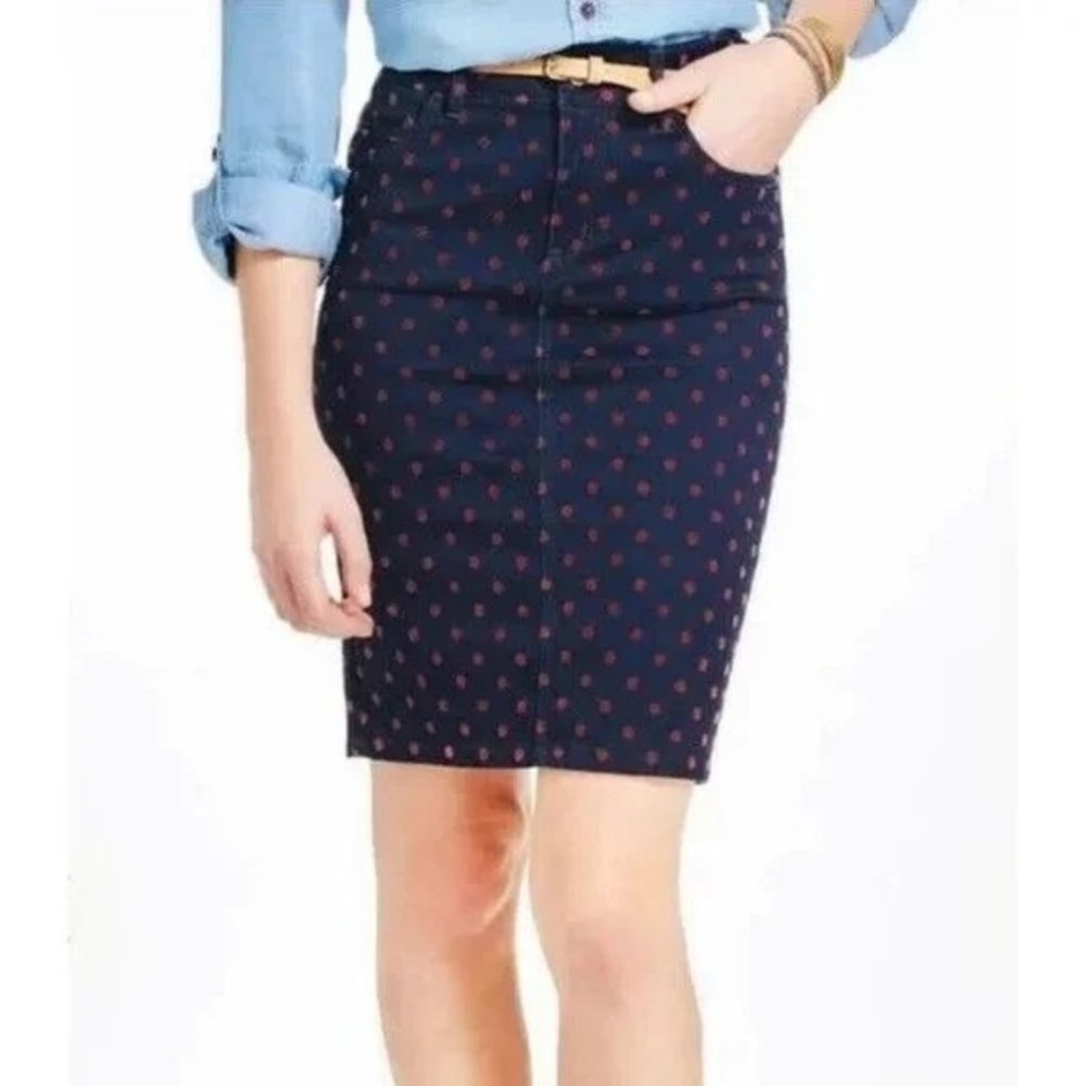 Anthropologie Pilcro Letterpress Womens Skirt 28 Blue Polka Dot Denim Pencil Jea